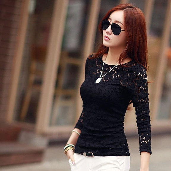 Women Lace shirt Fashion Long sleeve hollow blouse shirt Plus size women tops M-5XL chiffon shirt