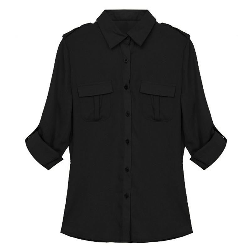 Women Chiffon Blouse Turn-down Collar Long Sleeve Black White Tops Plus Size S-3XL Shirts