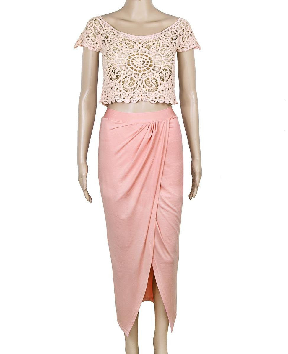 Womens Elegant Lace Crochet Front Splits 2 Piece Set Club Dress Ladies Short Sleeve Pink Bodycon Beach Dresses NTDR11