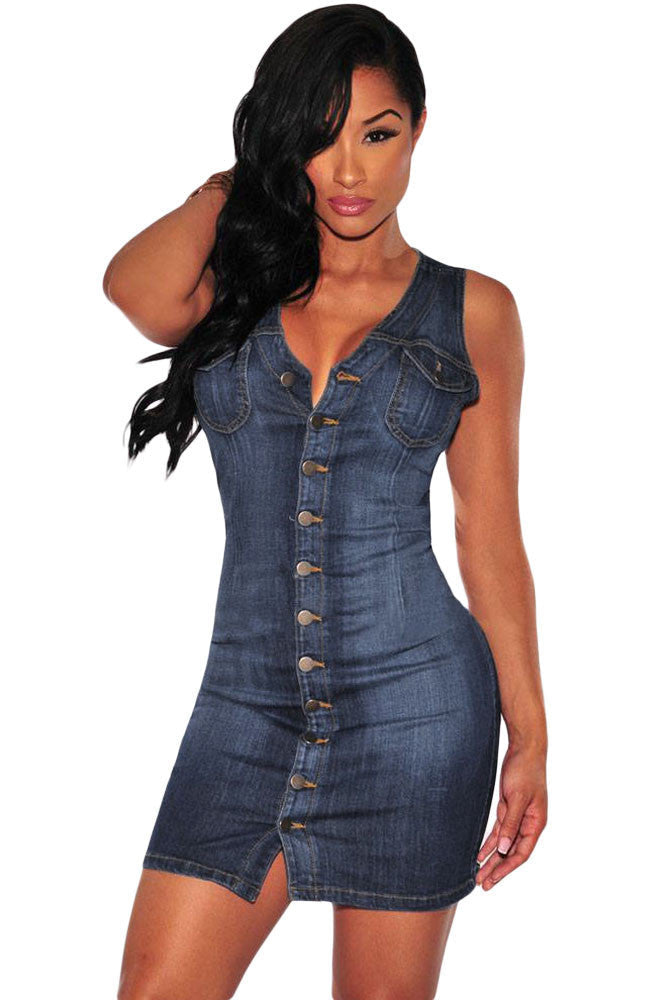 Online discount shop Australia - Denim Dress Women With Pockets Blue Short Bodycon Dress Sleeveless Mini Casual Tight Female Denim Sundress Summer Clothes