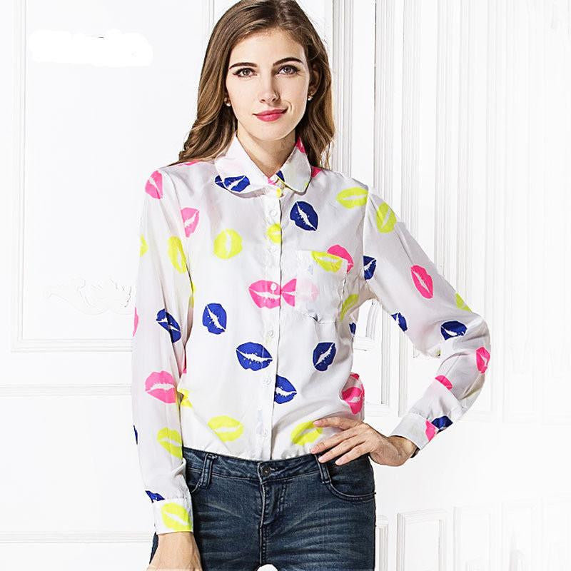 White Black Long Sleeve Women's Blouses Shirts Kiss Red Lip Print Casual Tops Loose Plus Size Lady Button Leopard