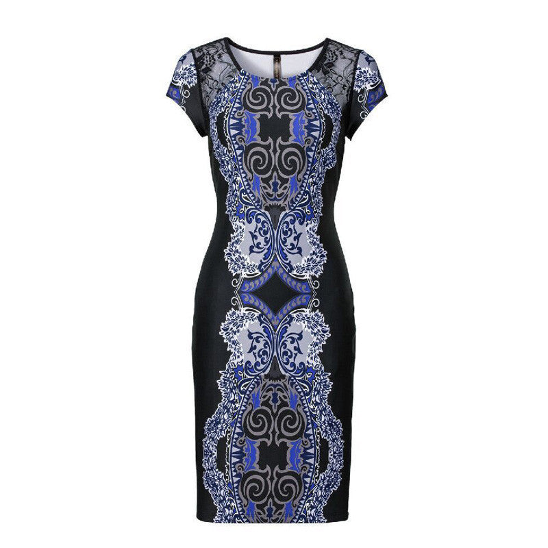 O-Neck Lace Dress Women Casual Knee-length Dress Short Sleeve Print Plus Size Slim Dress 2409