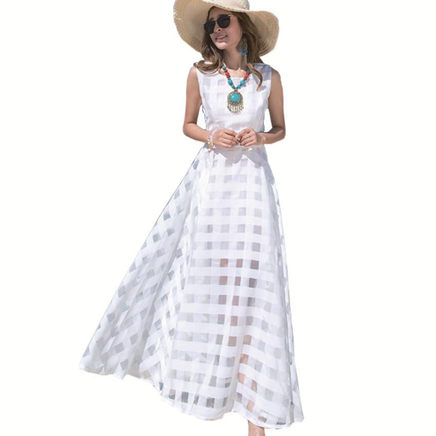 Women Summer Dress Elegant Ladies Vintage Black Organza Sleeveless Long Beach Maxi Dress Sundress Vestidos Femininos