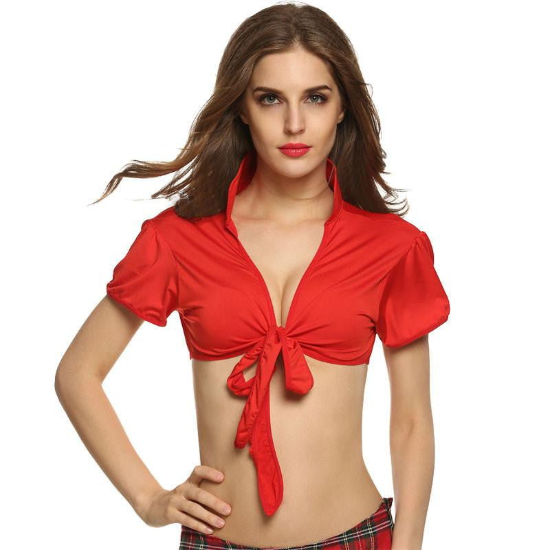 Women Turn-down Neck Short Sleeve Shirt Crop Top Vogue Deep V Neck Cotton Blouses Size M/L/XL/XXL