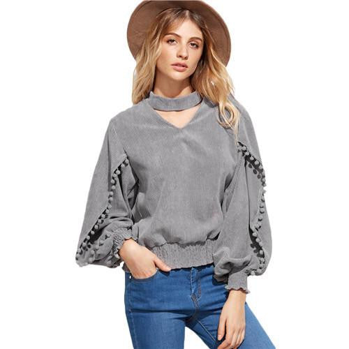 Women's Tops and Blouses Ladies Plain Grey V Neck Long Lantern Sleeve Elastic Hem Pom-pom Detail Top