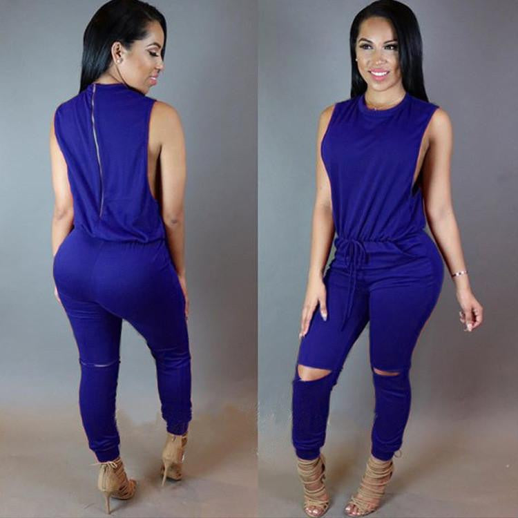 Women Drawstring Bodycon Jumpsuit Sleeveless Zipper Back Long Playsuits Round Collar Knee Cut Rompers Plus Size XXL