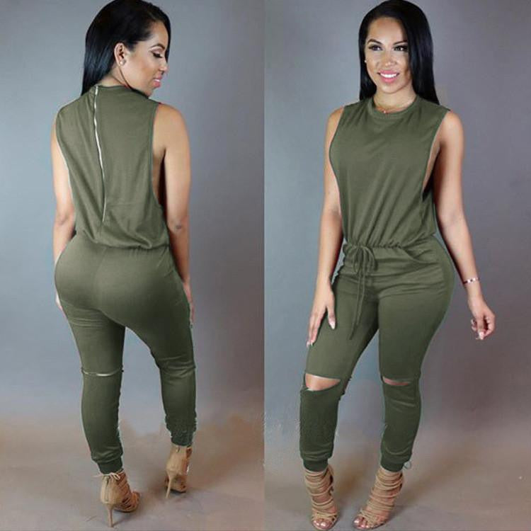 Women Drawstring Bodycon Jumpsuit Sleeveless Zipper Back Long Playsuits Round Collar Knee Cut Rompers Plus Size XXL