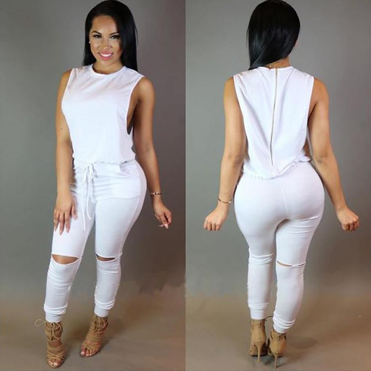 Women Drawstring Bodycon Jumpsuit Sleeveless Zipper Back Long Playsuits Round Collar Knee Cut Rompers Plus Size XXL