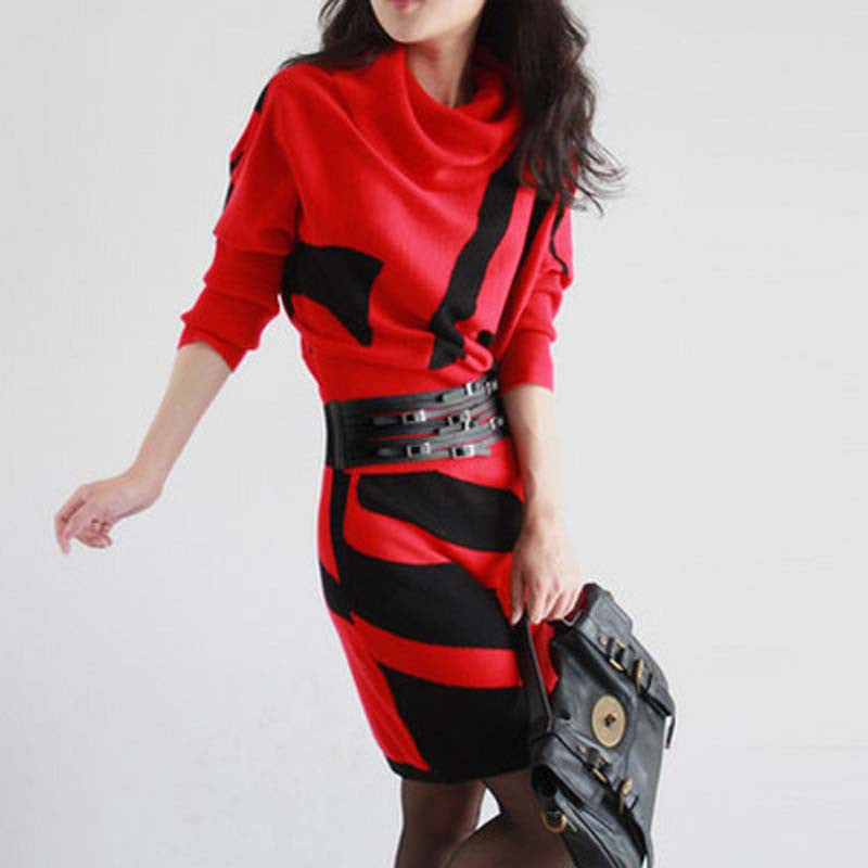 Online discount shop Australia - HEE GRAND Spring Women Knitted Dress Batwing Sleeve Sexy Long Turtleneck Striped Casual Loose Vestidos With Sashes WQL3344