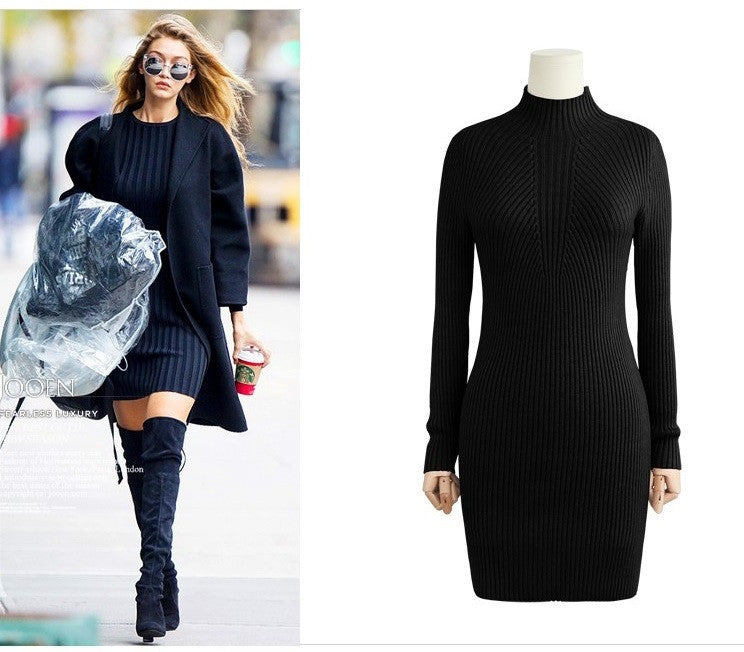 WomenCasual Dress Solid Semi Turtleneck Long Sleeve Thick Warm Bodycon Knitted Party Dress