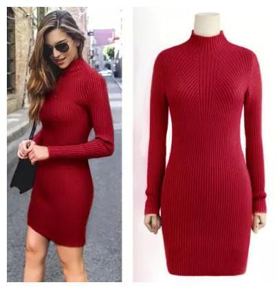WomenCasual Dress Solid Semi Turtleneck Long Sleeve Thick Warm Bodycon Knitted Party Dress