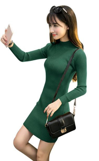 WomenCasual Dress Solid Semi Turtleneck Long Sleeve Thick Warm Bodycon Knitted Party Dress