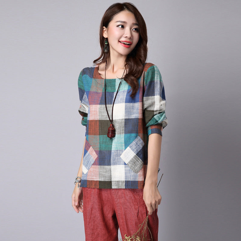 Fashion Roune Collar Classic Case Grain Cotton Linen Hitting Scene Loose Long-sleeved Shirt Women Clothing 154D