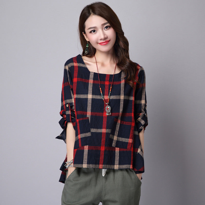 Fashion Roune Collar Classic Case Grain Cotton Linen Hitting Scene Loose Long-sleeved Shirt Women Clothing 154D