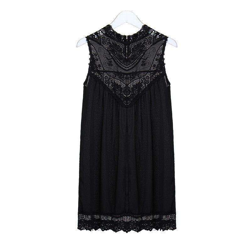 Women Black White Sleeveless Lace Crochet Summer Dresses Hollow Out Mini Dress Fashion Short Dresses S-4XL Vestidos