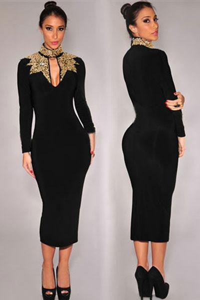 Spring Black Navy Gold Sequins Mock Neck novelty Design Midi Dress Plus size XL Long Sleeve women Winter dresses LC6908