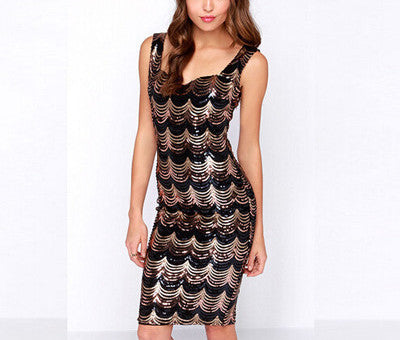 Online discount shop Australia - British style medium long one-piece vestidos New Summer black gold crescent embroidery sequin paillette women dress