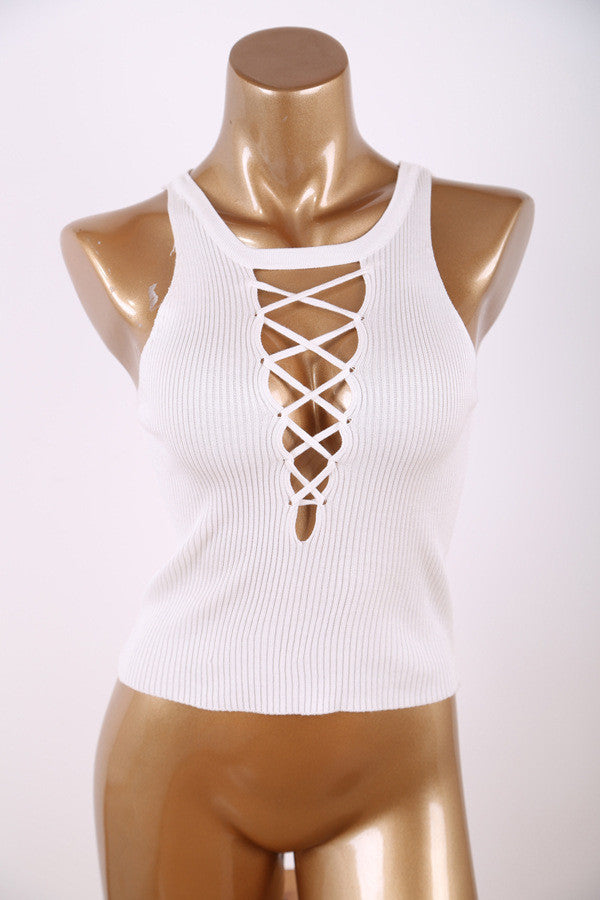 Online discount shop Australia - Cross Strappy Knitted Lace Up Top Sexy Crop Top Women Cropped Women's Tank Tops Women Brandy Melville Croptop For