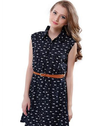 Online discount shop Australia - 2016 New Women Cat Foot prints Pattern Show Thin Shirt Dress With Belt Casual Style Cotton Mini Brief Print Dress
