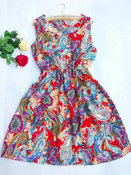Women casual Bohemian floral leopard sleeveless vest printed beach chiffon dress