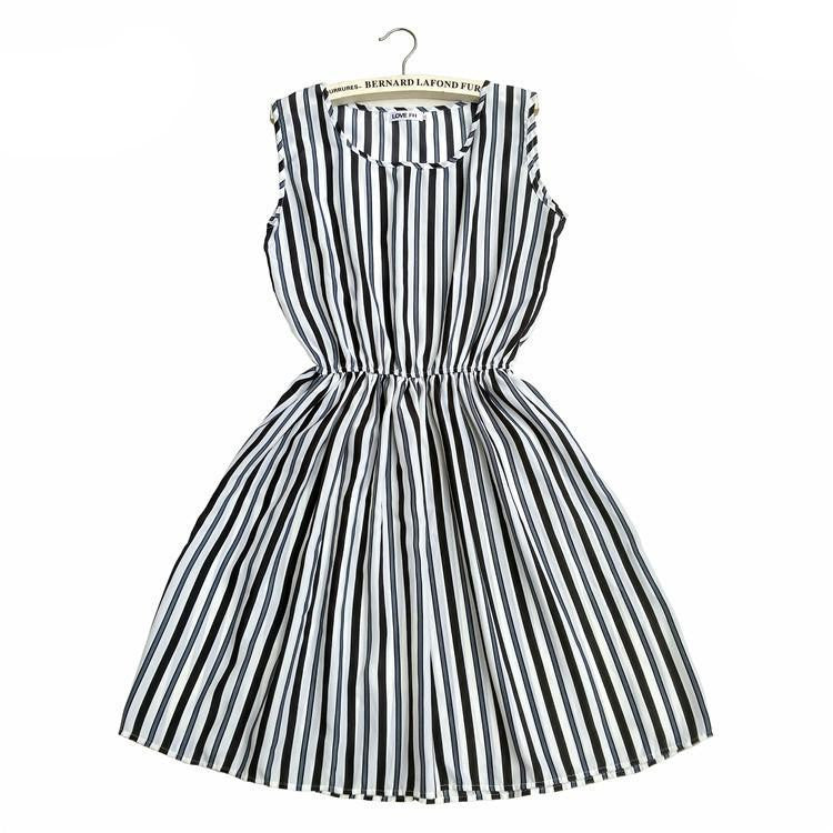 Women Casual Print Sleeveless Dress Chiffon stripe / floral print Elastic Waist Bohemian Beach Dresses