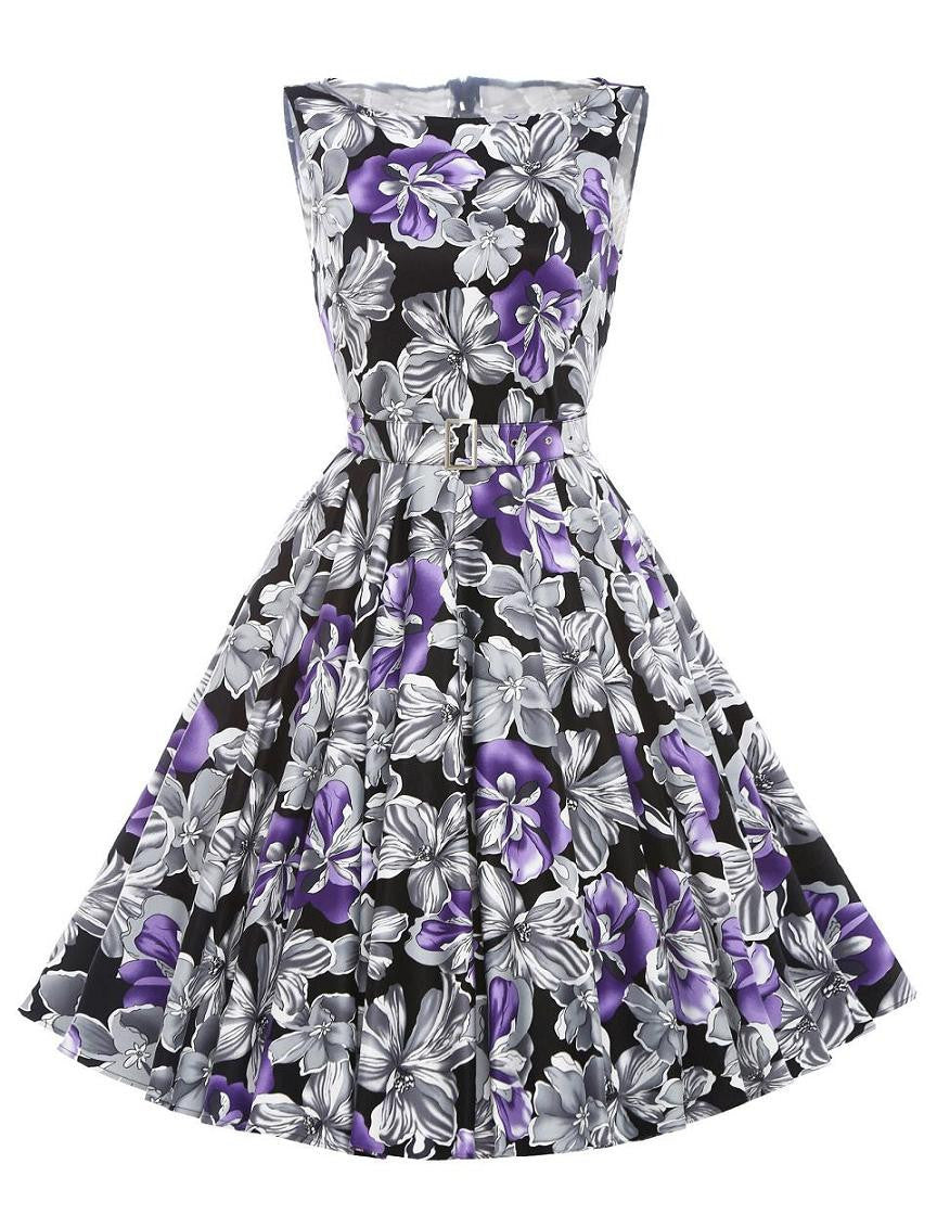 Print floral 50s 60s Vintage dresses Audrey Hepburn Sleeveless style summer retro dress Vestidos robe womens clothing