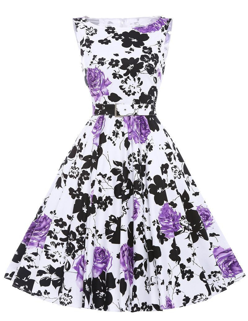 Print floral 50s 60s Vintage dresses Audrey Hepburn Sleeveless style summer retro dress Vestidos robe womens clothing