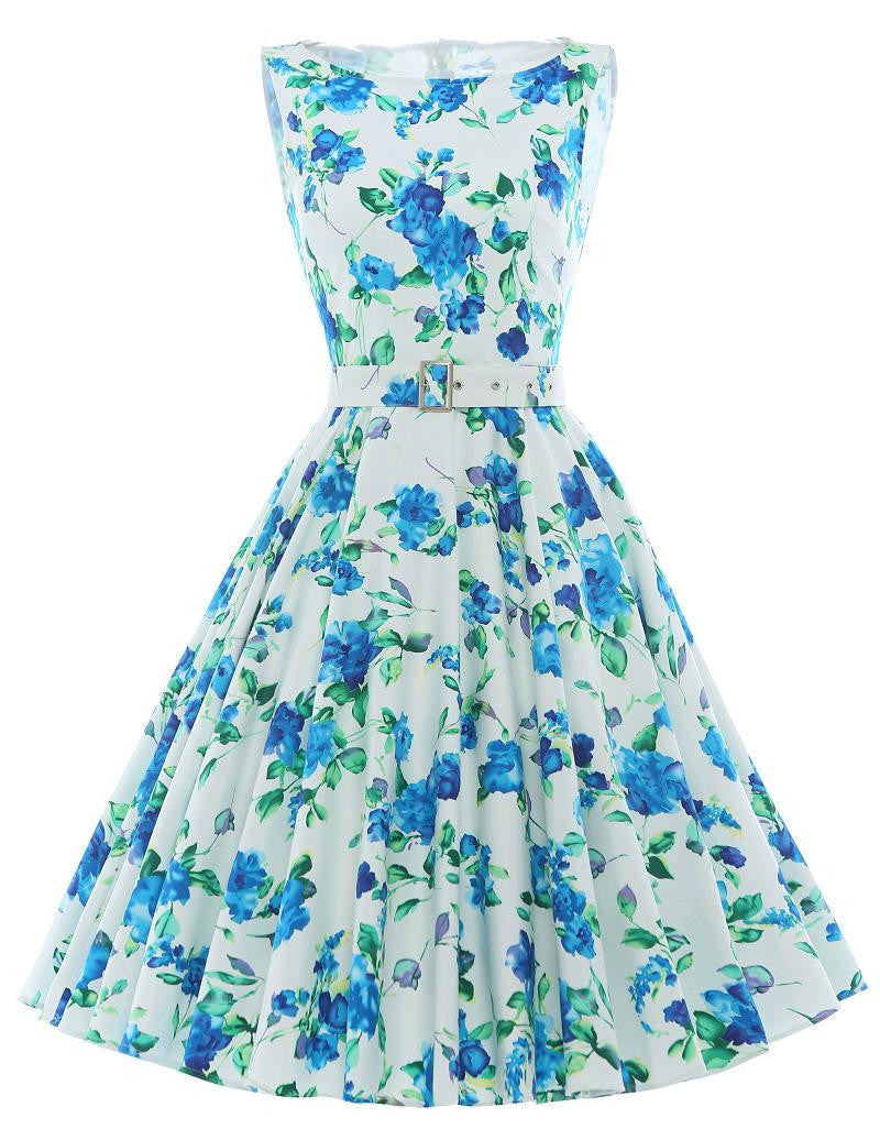 Print floral 50s 60s Vintage dresses Audrey Hepburn Sleeveless style summer retro dress Vestidos robe womens clothing