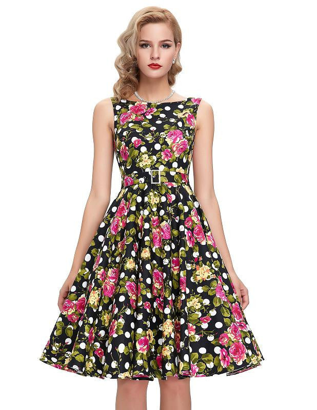 Print floral 50s 60s Vintage dresses Audrey Hepburn Sleeveless style summer retro dress Vestidos robe womens clothing