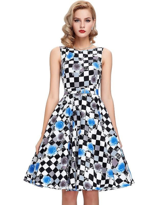 Print floral 50s 60s Vintage dresses Audrey Hepburn Sleeveless style summer retro dress Vestidos robe womens clothing