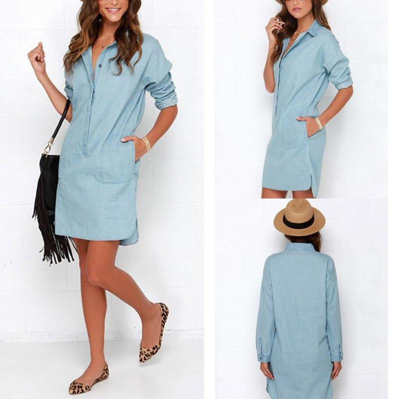 Women Washed Denim Jean Dress Loose Casual Long Sleeve Shirt Dress Autumn