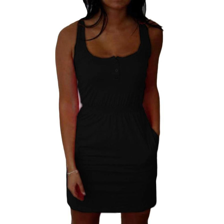 Women Dress Fluorescent Color Elastic Waist Lady Summer Casual Sleeveless Beach Mini Dress