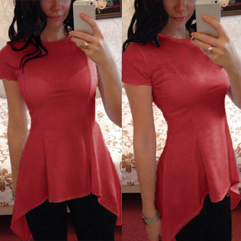 S-4XL Plus Size Women Blouse Short Sleeve O-neck Irregular Hem Peplum Waist Slim Fit Solid Shirt Ladies Tops