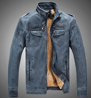 Men Leather Jacket Fur Stand Collar PU Motorcycle Jacket Men Wadded fashion Casual Parka