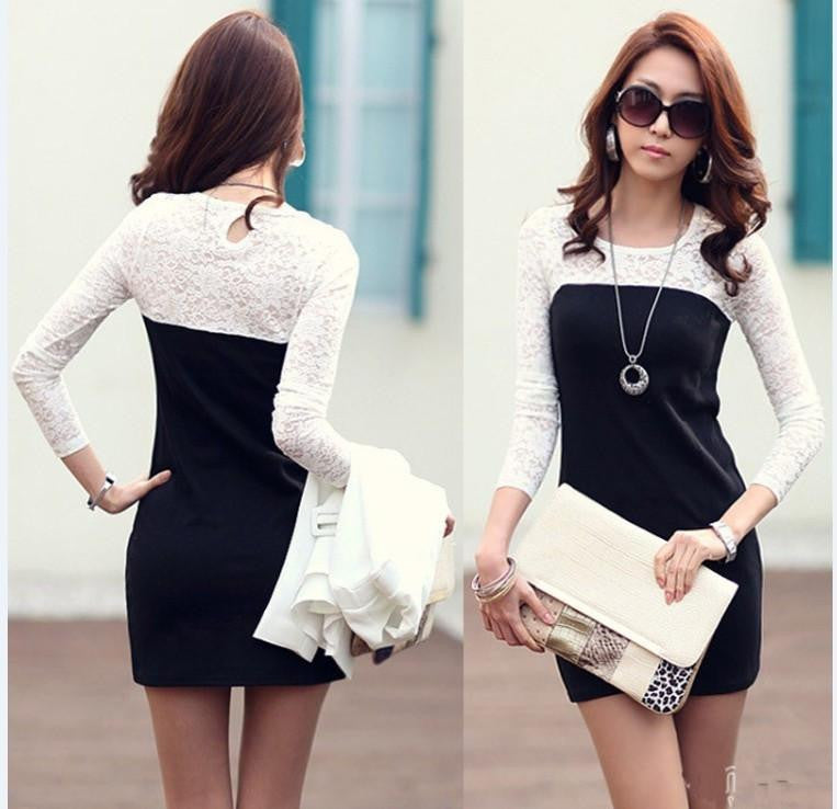 Vestidos Womens Lace Splice Package Hips Slim Skinny Mini Dress Long Sleeve Bodycon Office Lady Dress CY1015