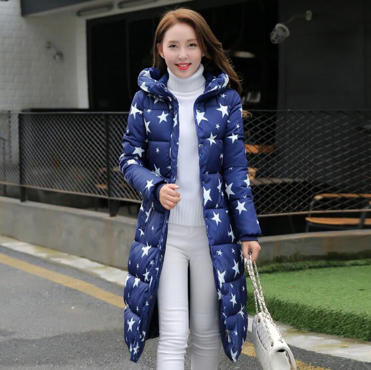Online discount shop Australia - Fashion  Cotton Padded Jacket Women Slim Thick Stars Print Female Coat Parka Warm Long Jackets Ladies Overcoat
