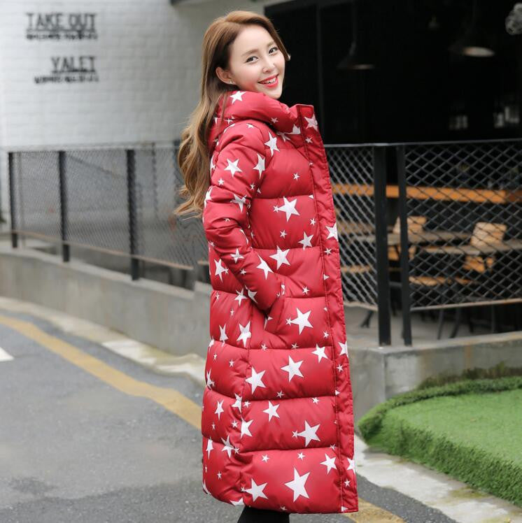 Online discount shop Australia - Fashion  Cotton Padded Jacket Women Slim Thick Stars Print Female Coat Parka Warm Long Jackets Ladies Overcoat