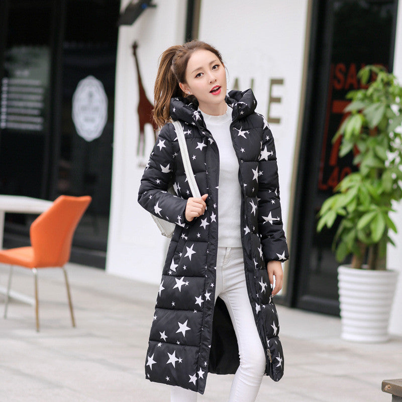 Online discount shop Australia - Fashion  Cotton Padded Jacket Women Slim Thick Stars Print Female Coat Parka Warm Long Jackets Ladies Overcoat