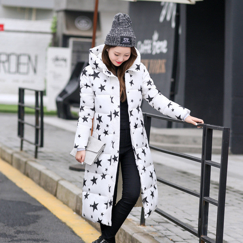 Online discount shop Australia - Fashion  Cotton Padded Jacket Women Slim Thick Stars Print Female Coat Parka Warm Long Jackets Ladies Overcoat