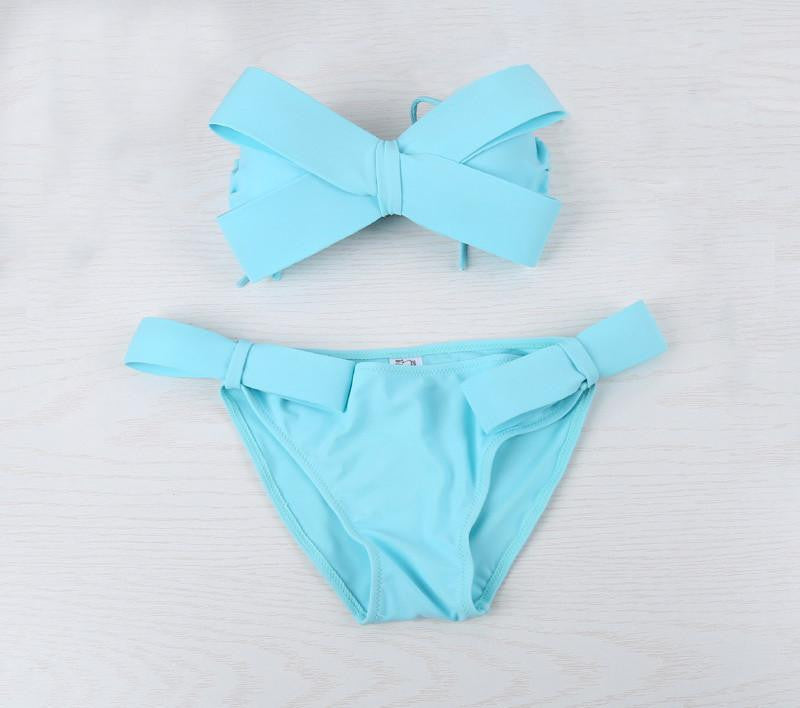 Women Black Swim Wear Solid Swimwear Brazilian Bikini Big Bow Bandeau Beach Wear Halter Swimsuit Push Up Bathing Suit