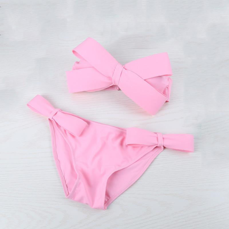 Women Black Swim Wear Solid Swimwear Brazilian Bikini Big Bow Bandeau Beach Wear Halter Swimsuit Push Up Bathing Suit