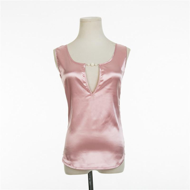 Beading V collar Women Top Tees Crochet Solid Shoulder Sleeveless Loose Blouses Female Shirts