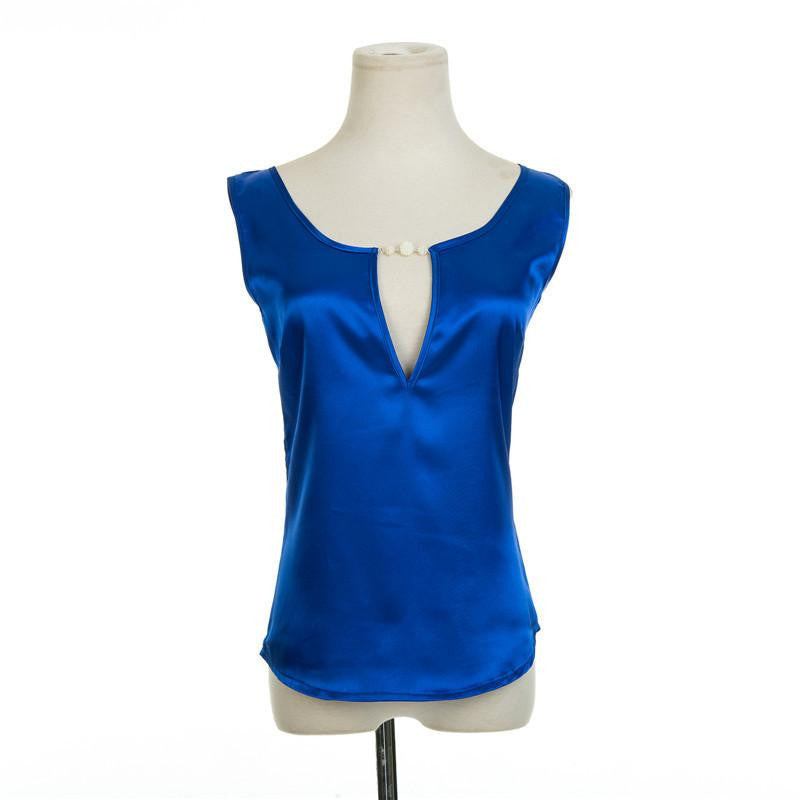 Beading V collar Women Top Tees Crochet Solid Shoulder Sleeveless Loose Blouses Female Shirts