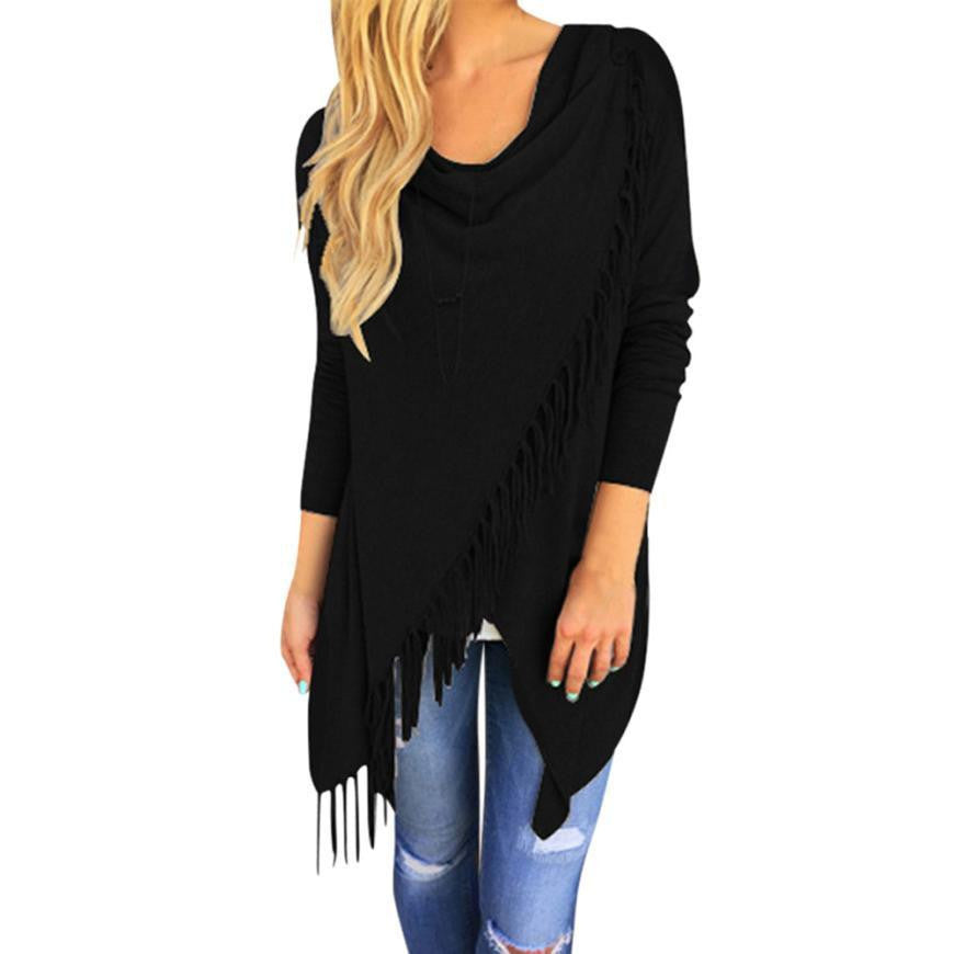 Women Tassel Slash Blouse Fashion Long Sleeve Tops lady