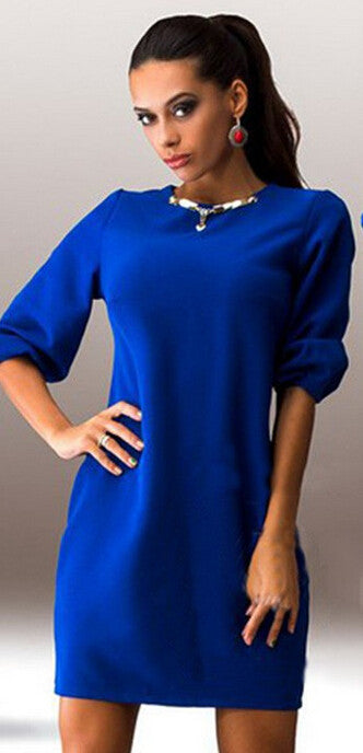 female Mini dress women Casual dress Straight Lantern Sleeve solid color o-neck Three Quarter dress LQ8903E