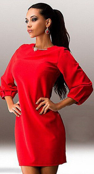 female Mini dress women Casual dress Straight Lantern Sleeve solid color o-neck Three Quarter dress LQ8903E