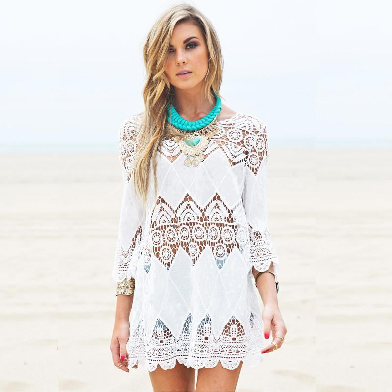 women lace beach dress splice casual white mini dresses sexy hot hollow out vestidos femininos solid swimwear output
