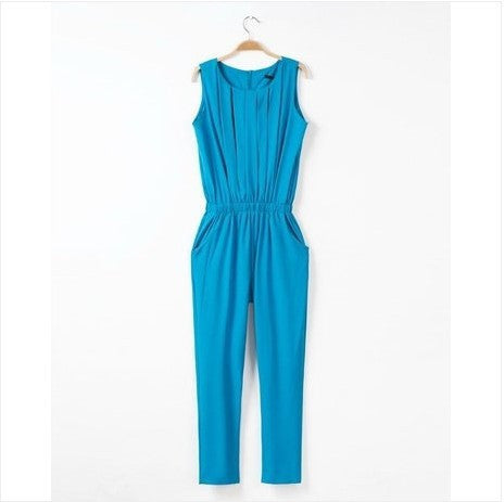 OL Plus Size Women Clothing Slim Pleated Sleeveless Chiffon Fashion Casual Jumpsuit