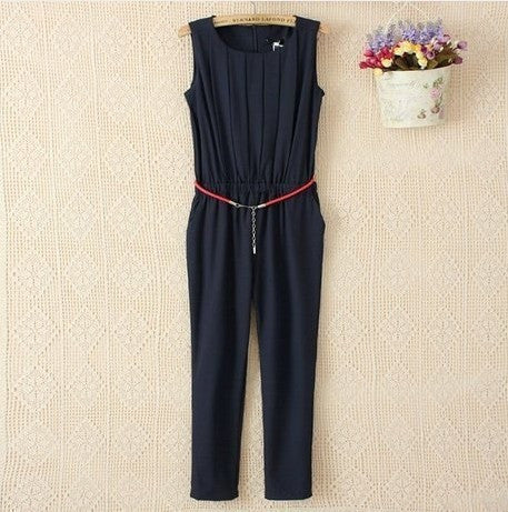 OL Plus Size Women Clothing Slim Pleated Sleeveless Chiffon Fashion Casual Jumpsuit