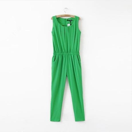 OL Plus Size Women Clothing Slim Pleated Sleeveless Chiffon Fashion Casual Jumpsuit